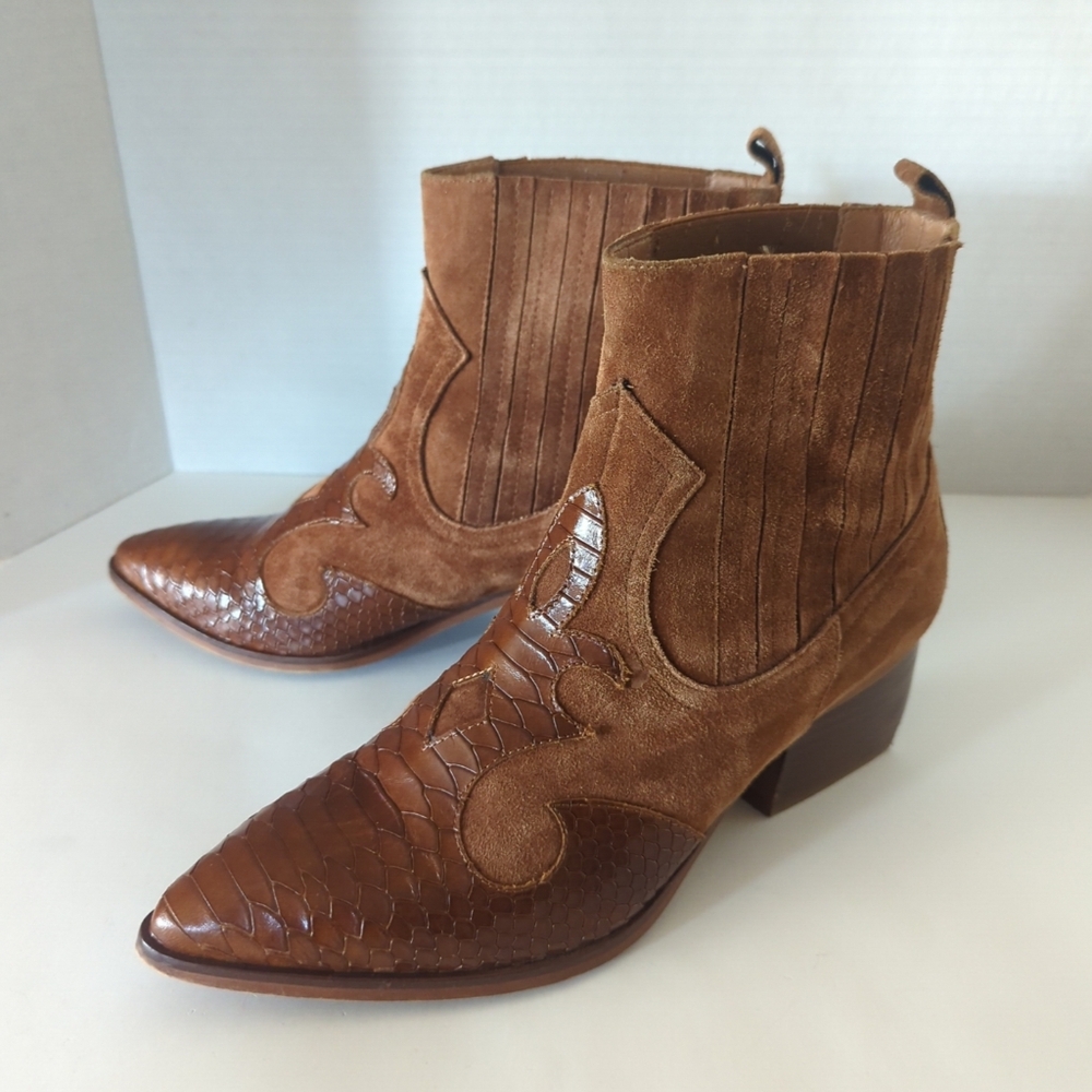 Pedro Anton Western Pointed Ankle Boots Leather Suede Block Heel Slip On Sz 7.5